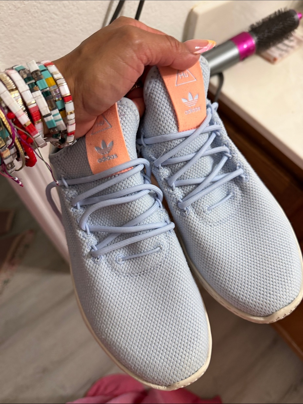adidas Women’s Pastel Blue Knit Sneakers with Peach Tongue